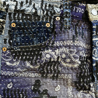 Boro Patchwork Sashiko Distressed Jeans - W32" | W32, Indigo
