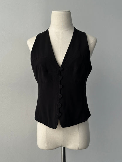 Emporio Armani 1990s fitted tailored single-button waistcoat in dark fabric, classic men's style with sleek lapel detail.