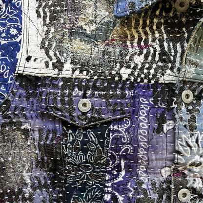 Boro Patchwork Sashiko Distressed Denim Trucker Jacket - M