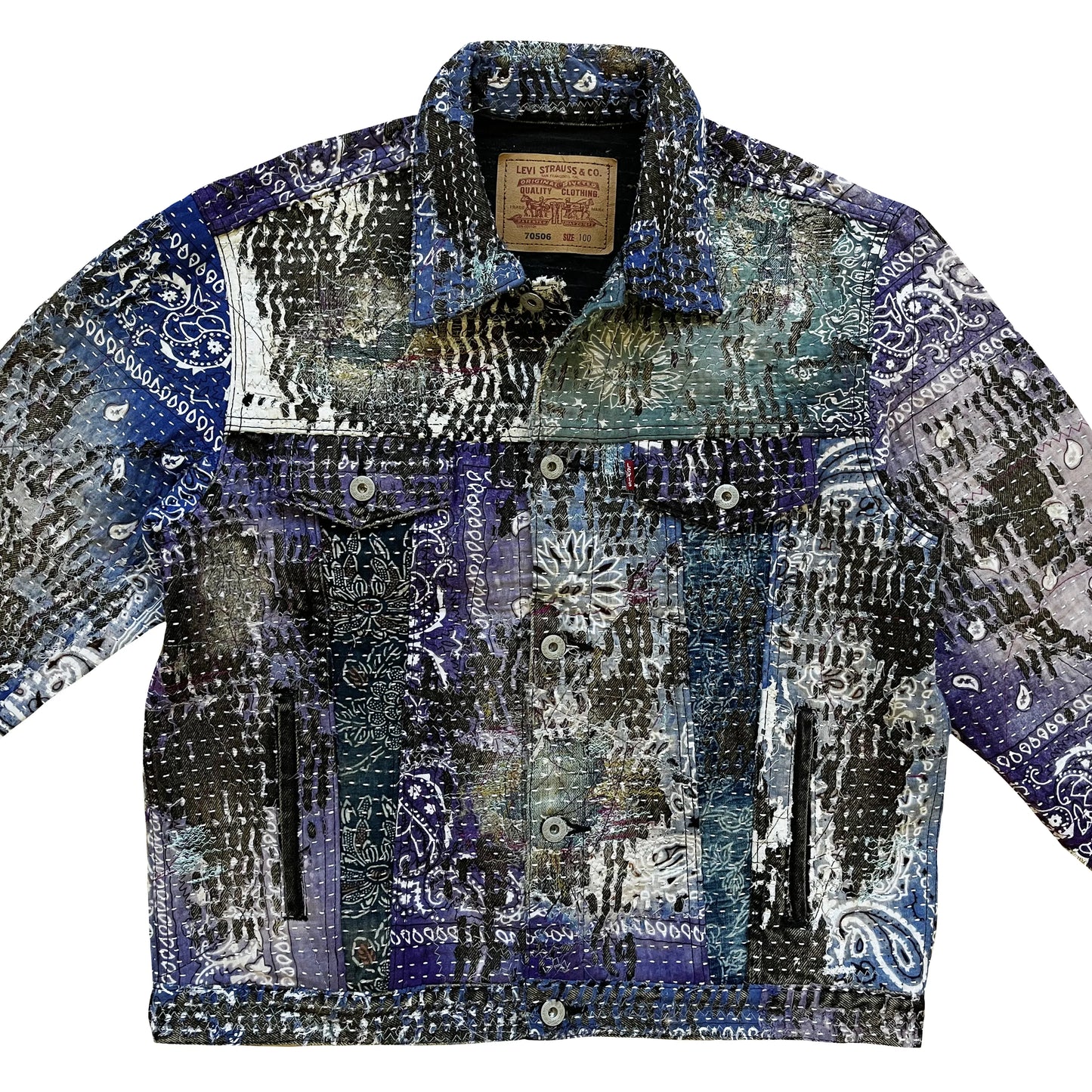 Boro Patchwork Sashiko Distressed Denim Trucker Jacket - M