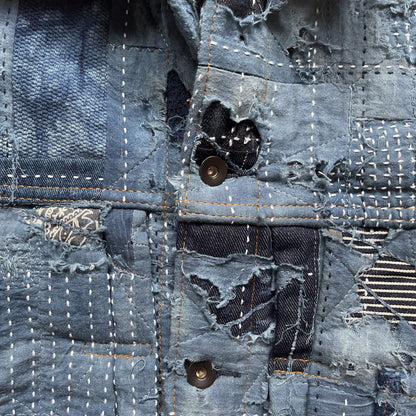 Indigo Boro Sashiko Distressed Denim Trucker Jacket - L