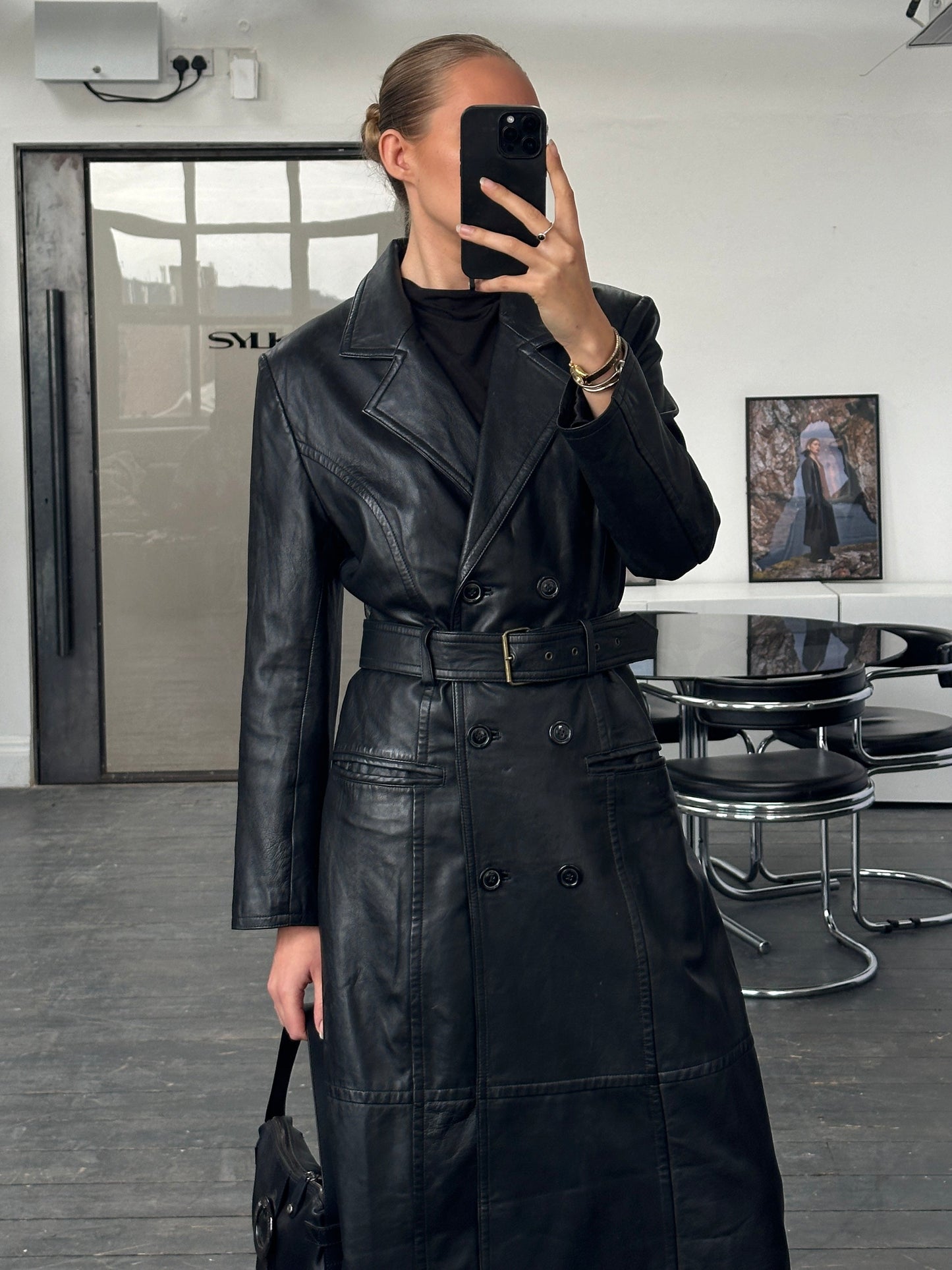 Vintage 1990s Floor Length Belted Leather Trench Coat - M