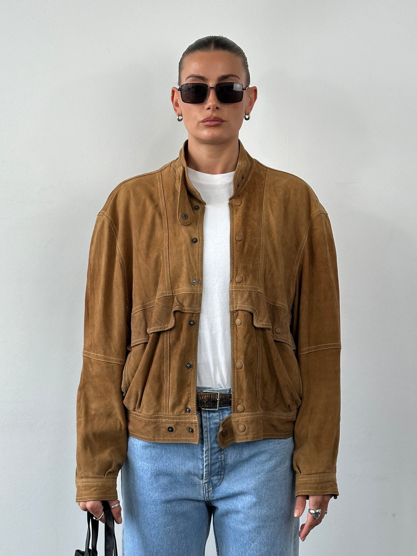 Vintage High Neck Suede Bomber Jacket - M