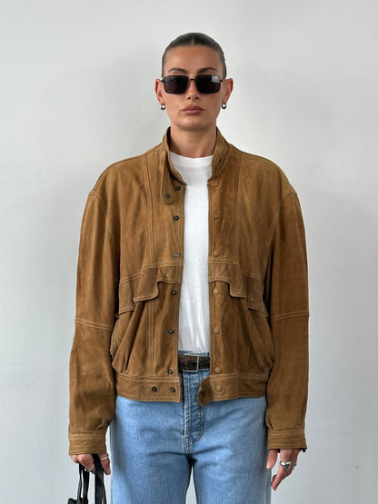 Vintage High Neck Suede Bomber Jacket - M