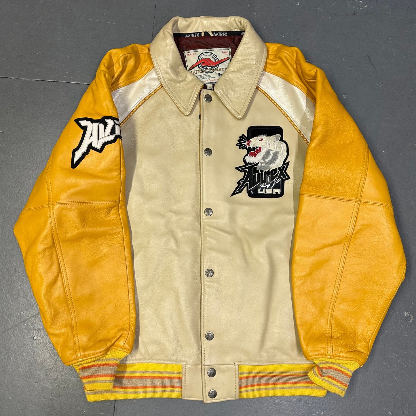 Avirex Far East Tigers Leather Jacket In Beige & Yellow ( L )