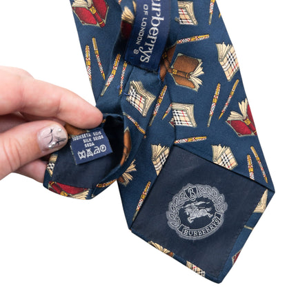 Vintage 90s Burberry Book & Pen Pattern Silk Tie | O/S, Blue