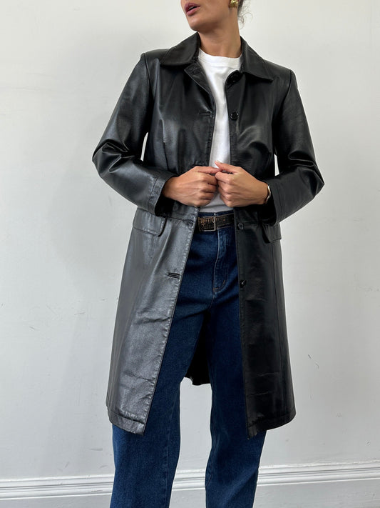 Italian Vintage Single Breasted Leather Trench Coat - S