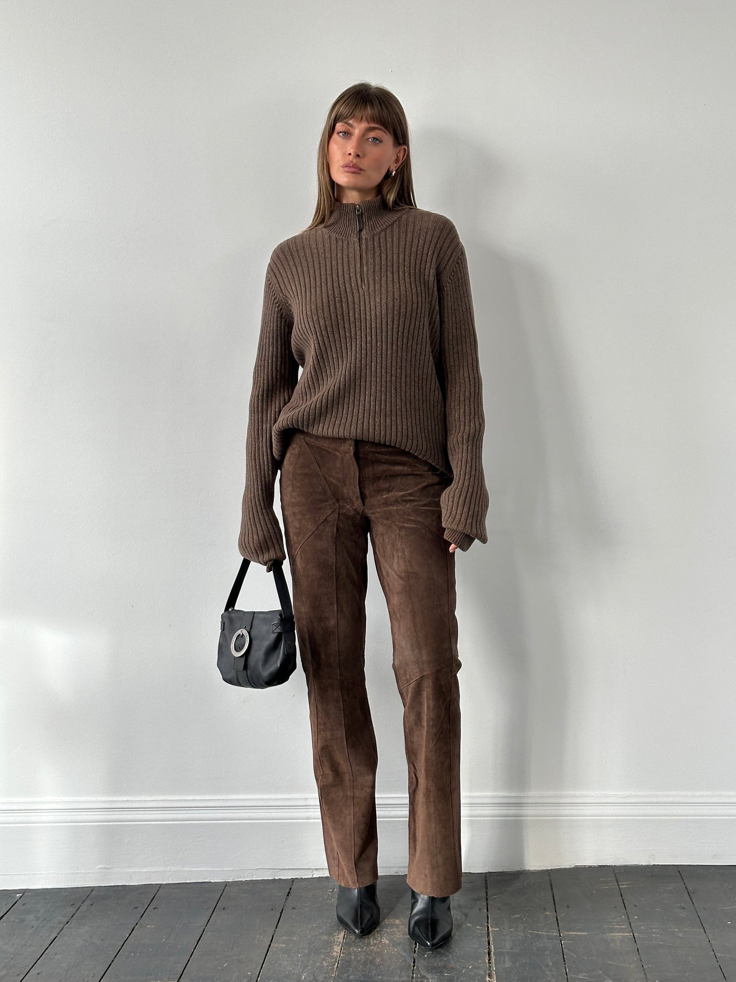 Vintage 1990s Suede Panelled Straight Leg Trousers - W32