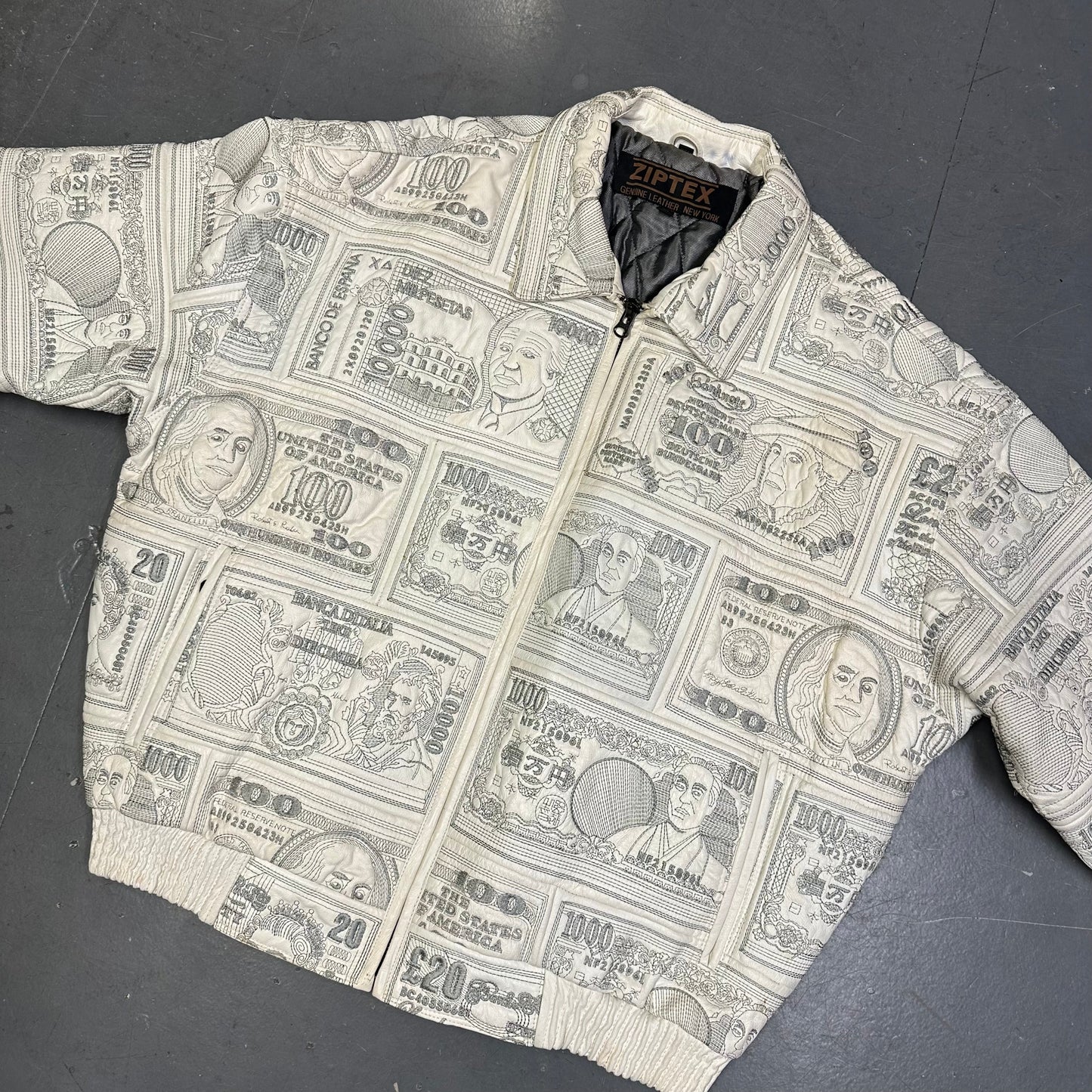 ARCHIVE Ziptex New York World Currency Leather Jacket In White ( XL )