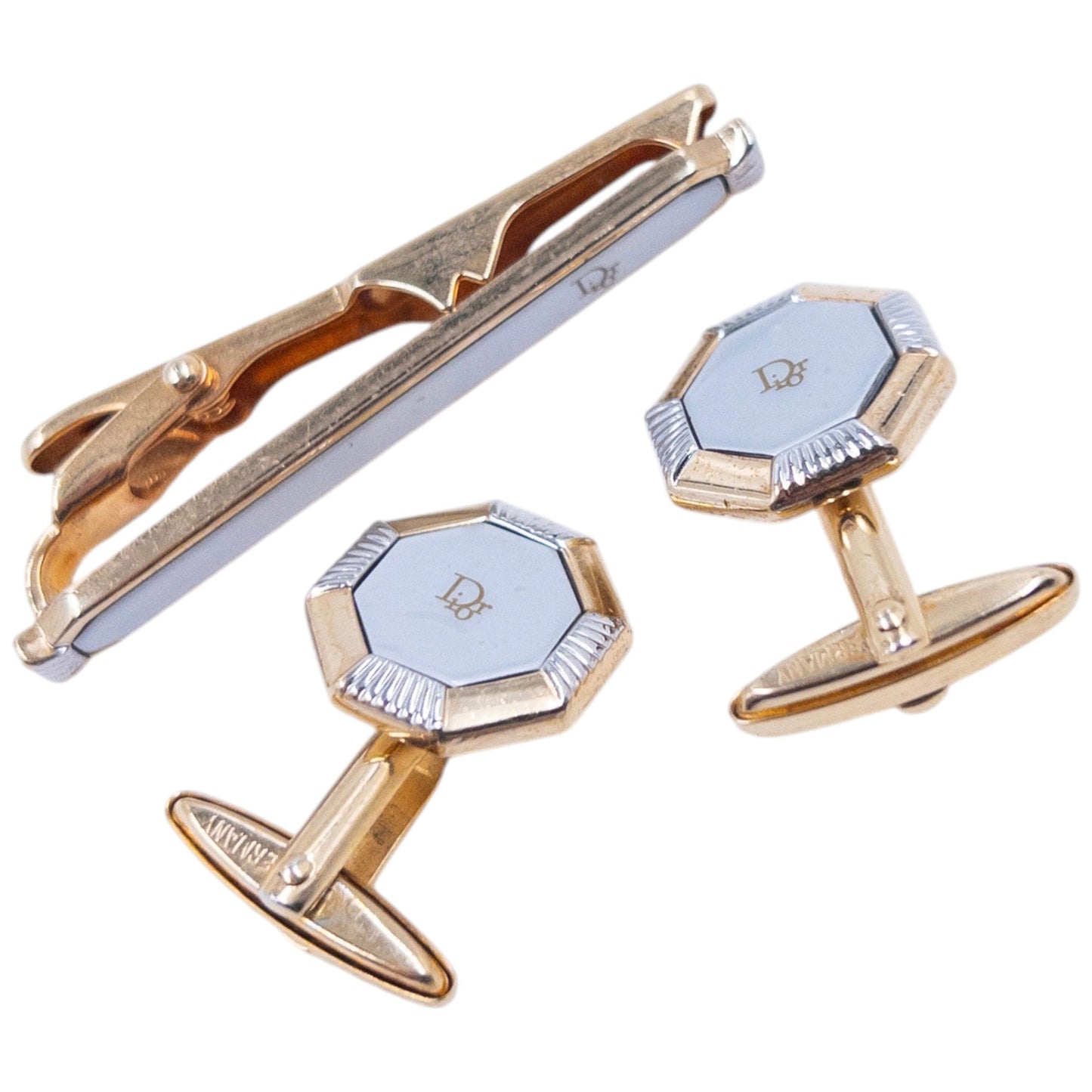 Vintage 90s Dior Embossed Cufflinks & Tie Clip Set | O/S, Gold