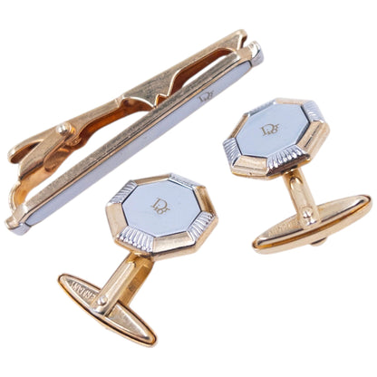 Vintage 90s Dior Embossed Cufflinks & Tie Clip Set | O/S, Gold