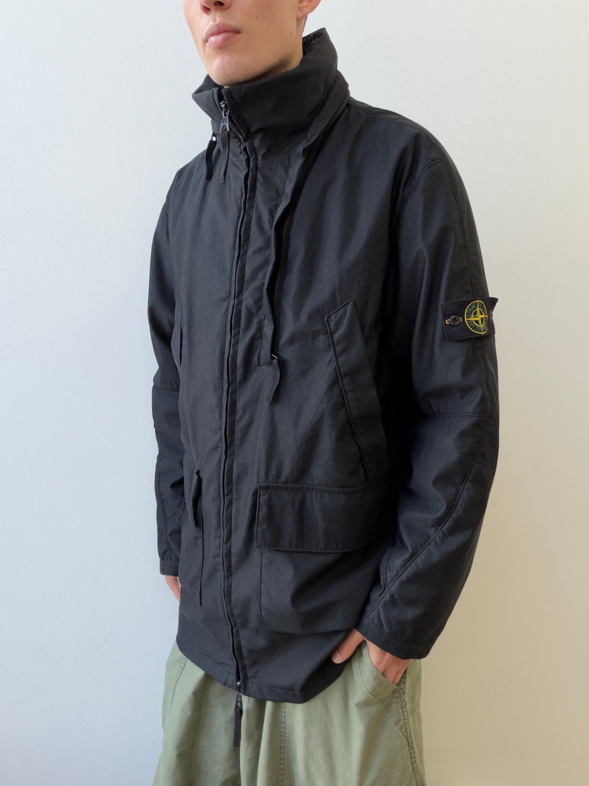 Stone Island AW00 Nylam Dutch Rope Liner Asymmetrical Overcoat | XX-Large, Black