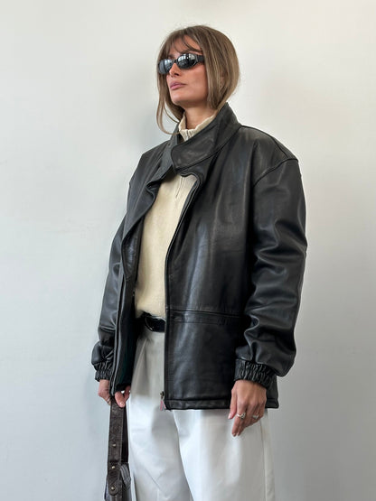 Vintage High Neck Smooth Leather Jacket - L/XL