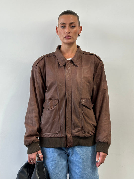 Vintage Leather Bomber Jacket - L/XL