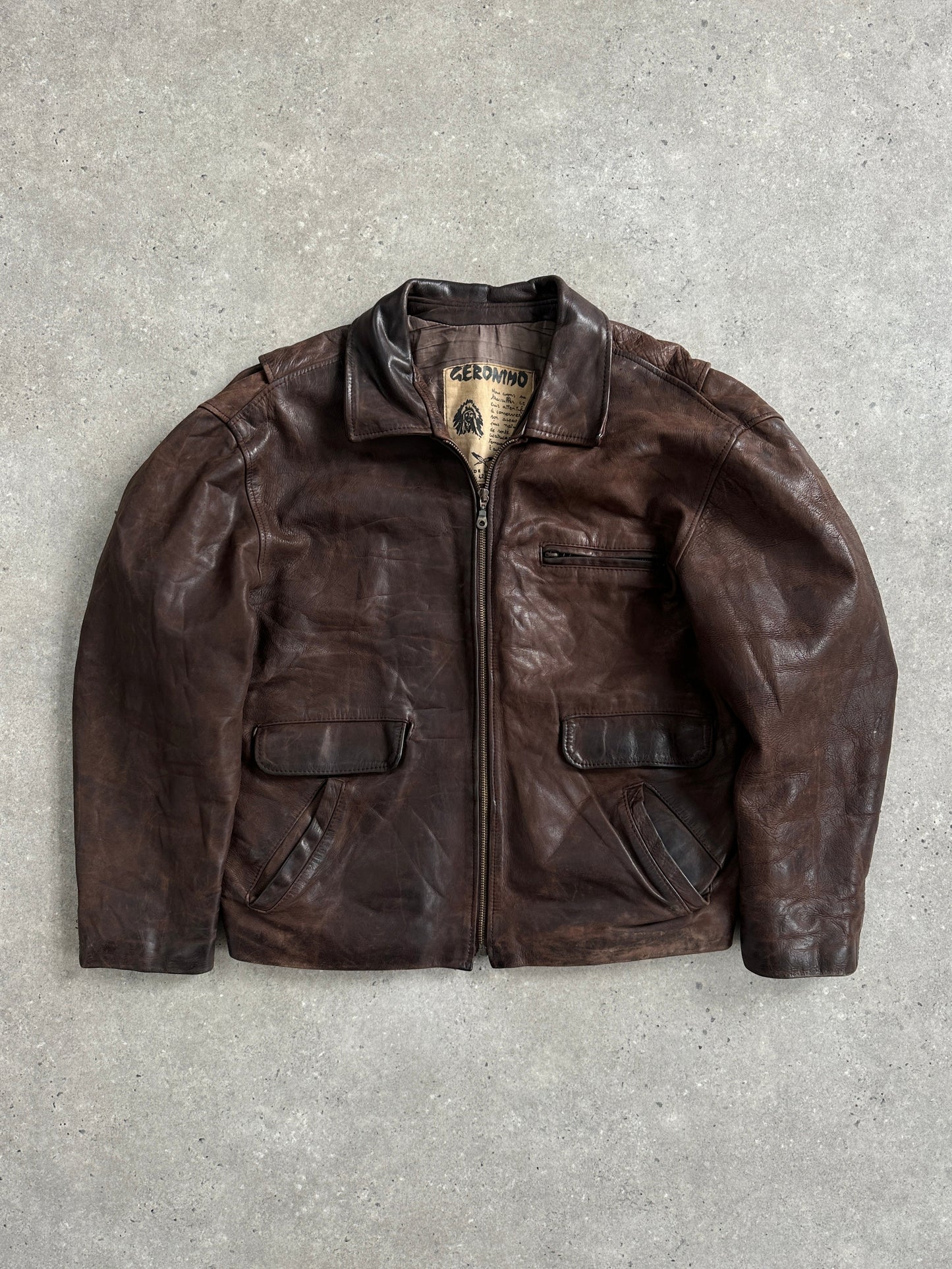 French Vintage 1980s Aged Boxy Leather Jacket - L