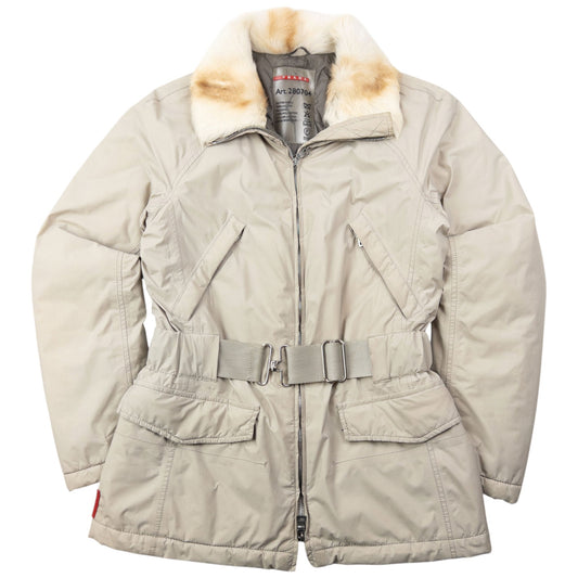 Vintage 2000s Prada Sport Goretex Goat Fur Collar Belted Jacket Womens Size M | Medium, Beige