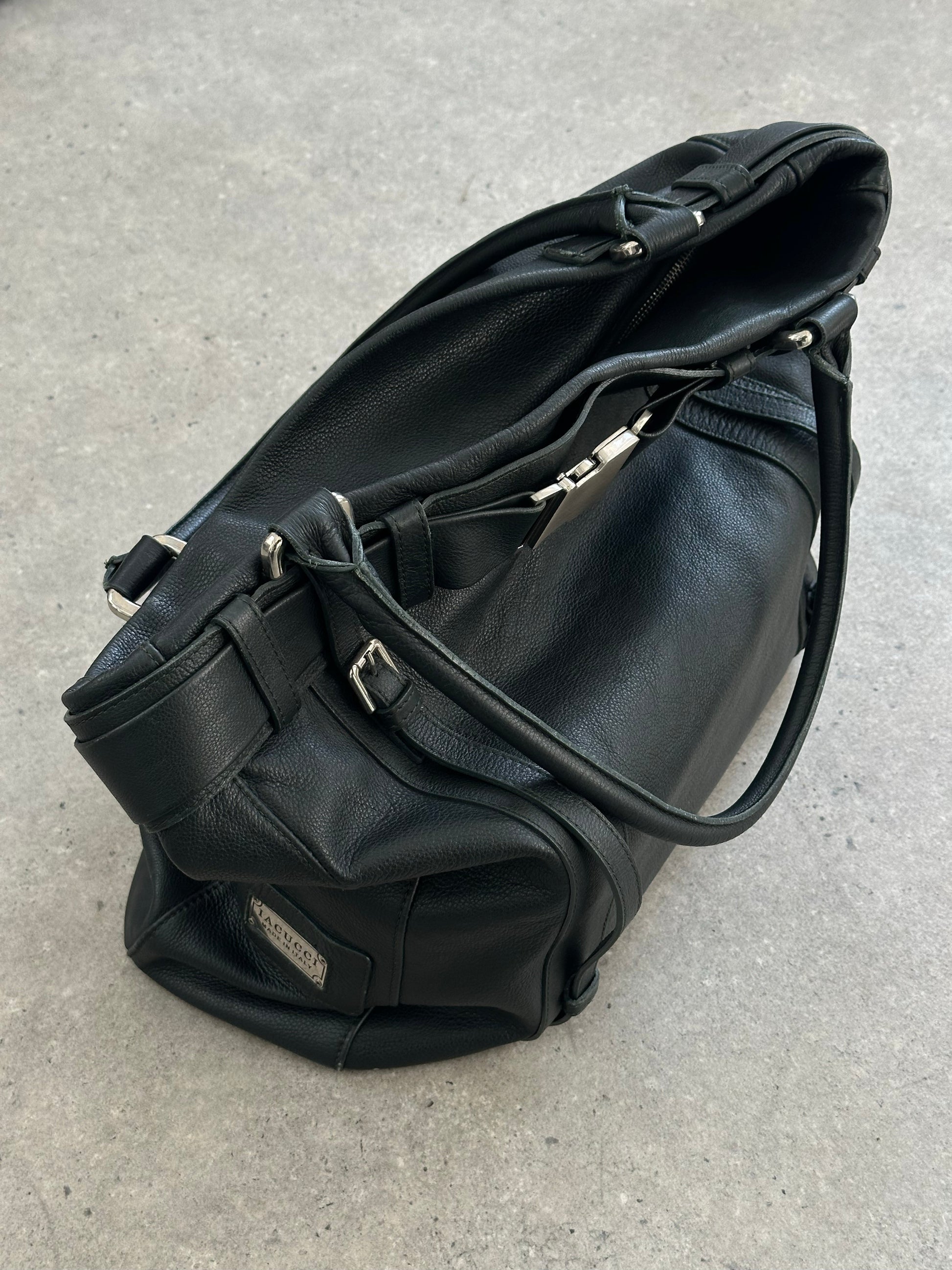 Italian vintage leather shoulder bag with buckle detail, 2000s style, by Vintage, showcasing its textured leather and classic design.