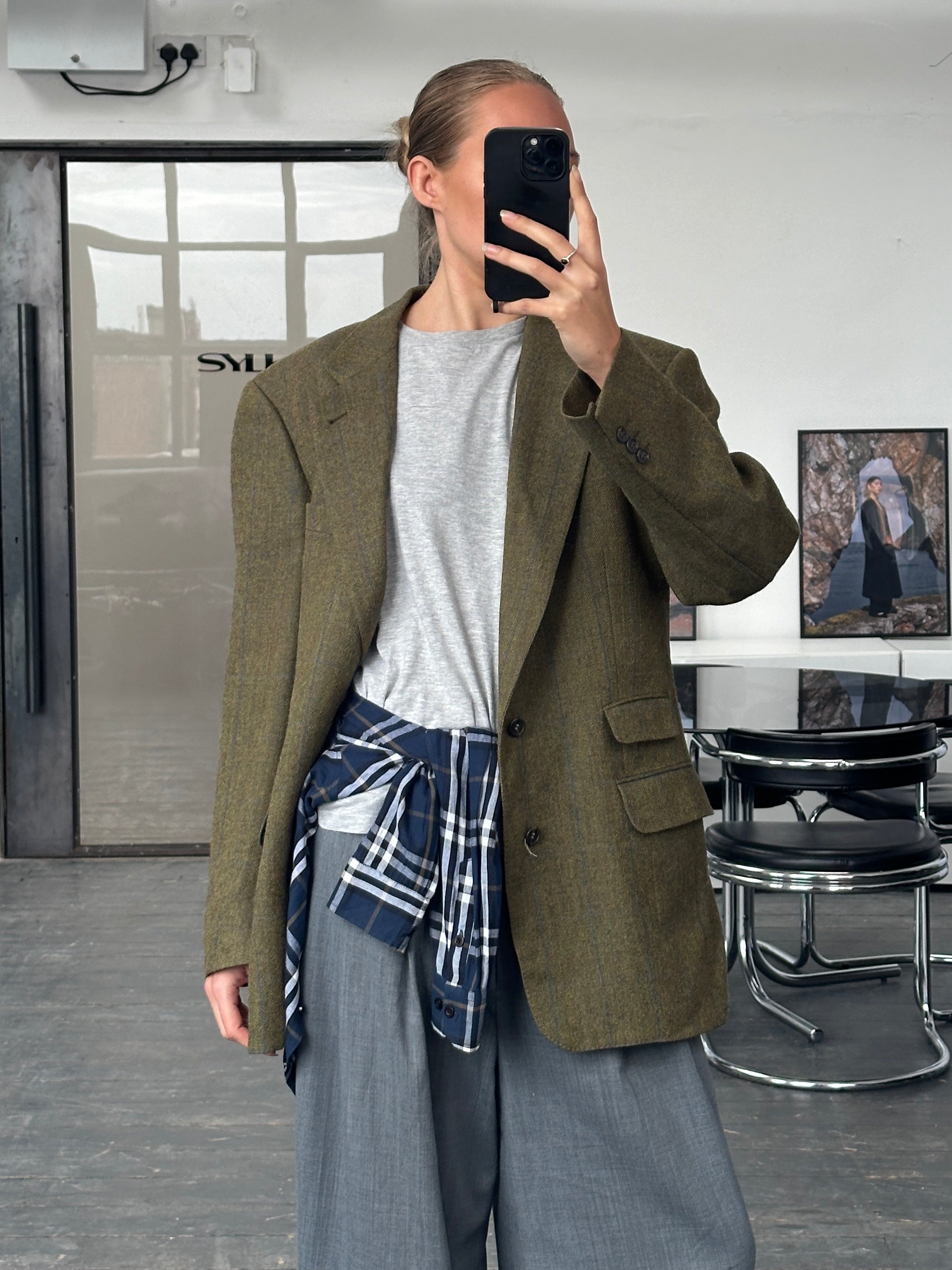 Burberry 1980s Tweed Check Alpaca Wool Single Breasted Check