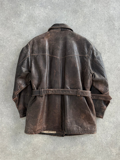Vintage 1980s Aged Belted Leather Jacket - L