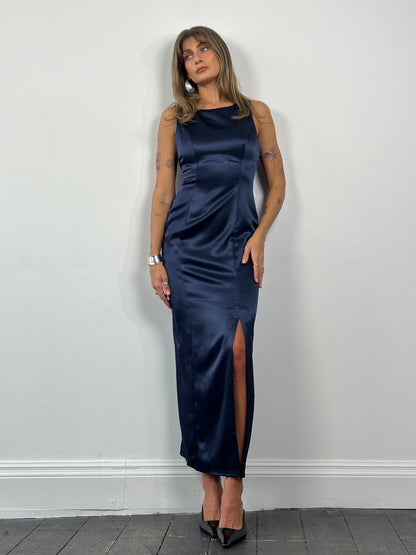 Vintage Cross Back Satin Maxi Dress - S
