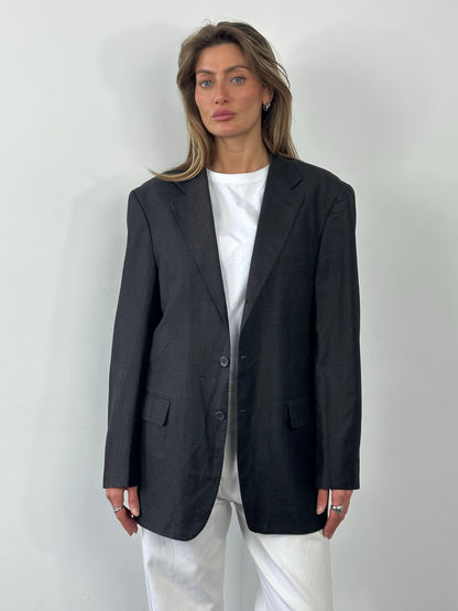 Loro Piana x Berluti 2000s pure wool single-breasted blazer, L/XL, in a classic tailored fit, shown on a hanger.