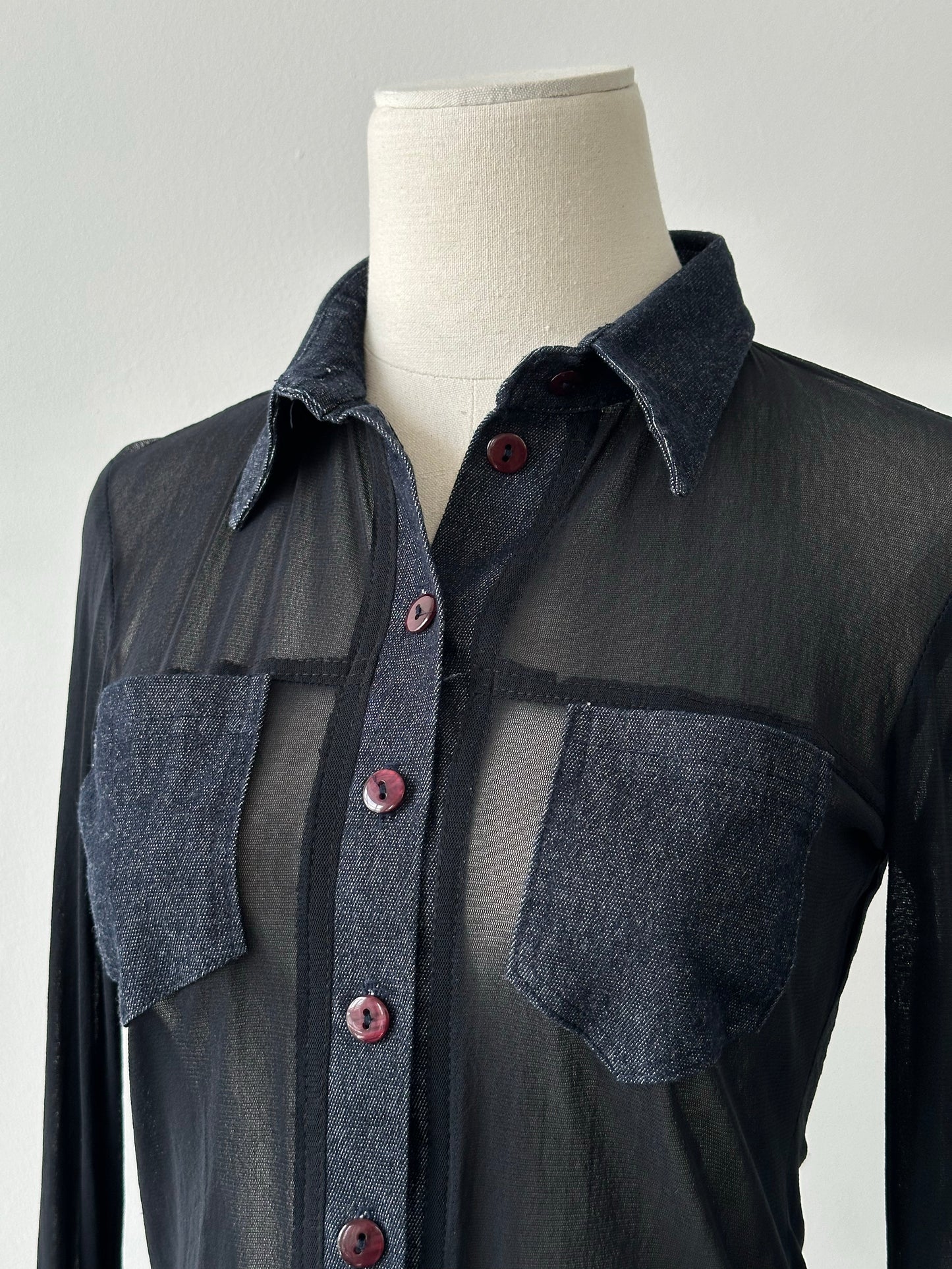 Vintage 1990s Denim Fitted Sheer Shirt - XS-S