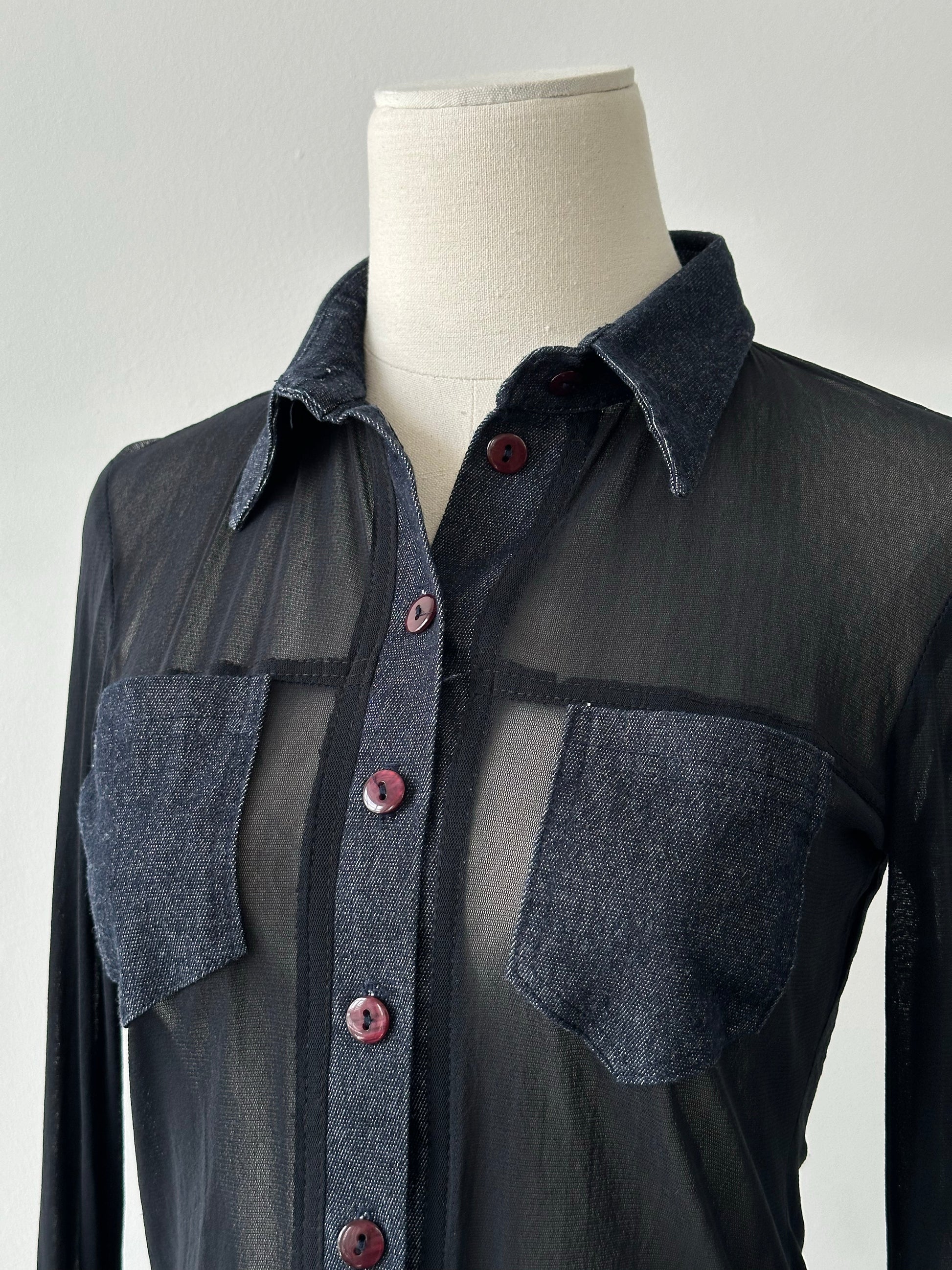 Vintage 1990s Denim Fitted Sheer Shirt - XS-S
