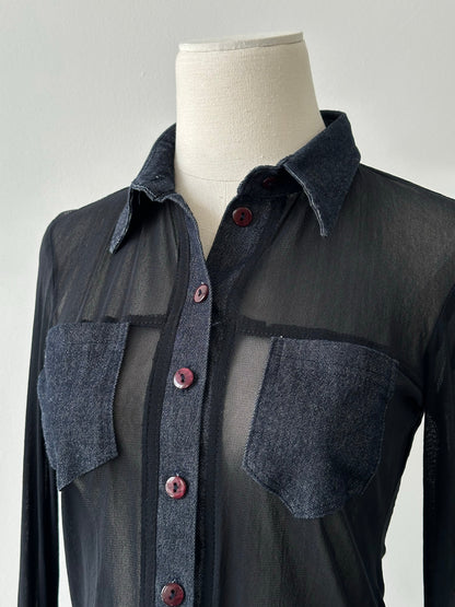 Vintage 1990s Denim Fitted Sheer Shirt - XS-S