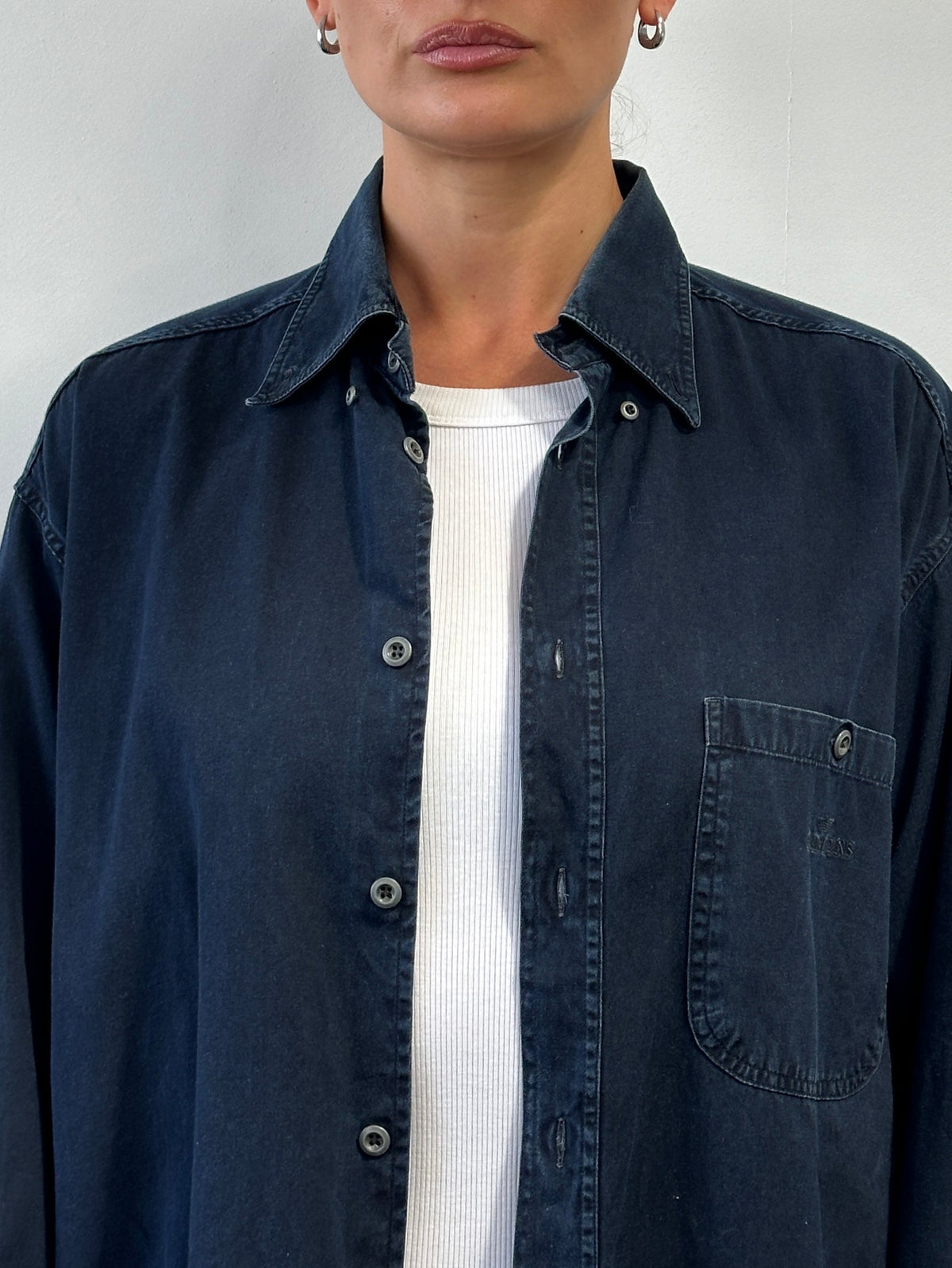 Armani Jeans 1990s pure cotton denim logo shirt in XL, featuring classic denim fabric and iconic branding details.