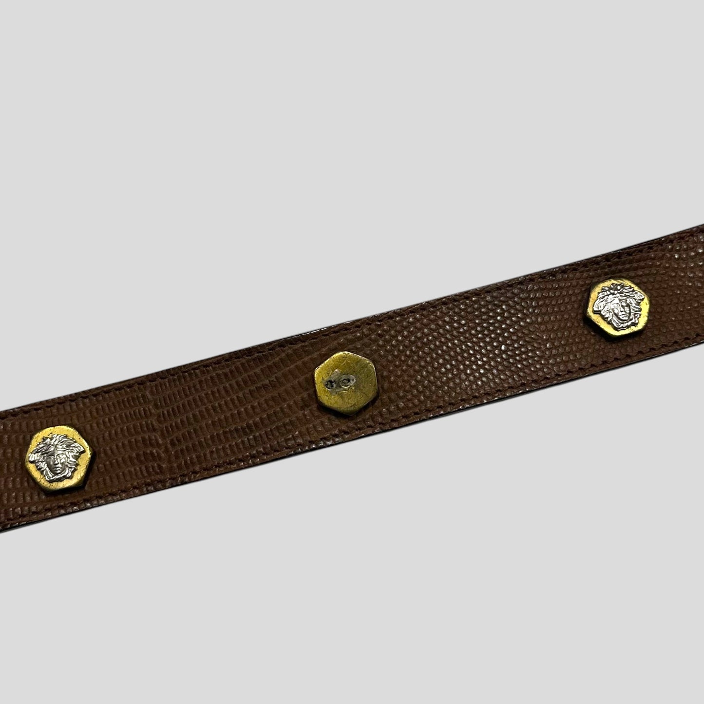 Gianni Versace 1994 Lizard Leather Medusa Bolt Stud Belt | O/S, Brown