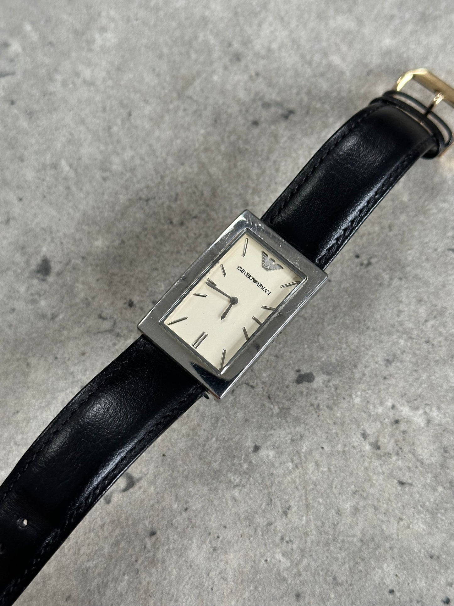Emporio Armani 2000s Rectangle Stainless Steel Leather Watch