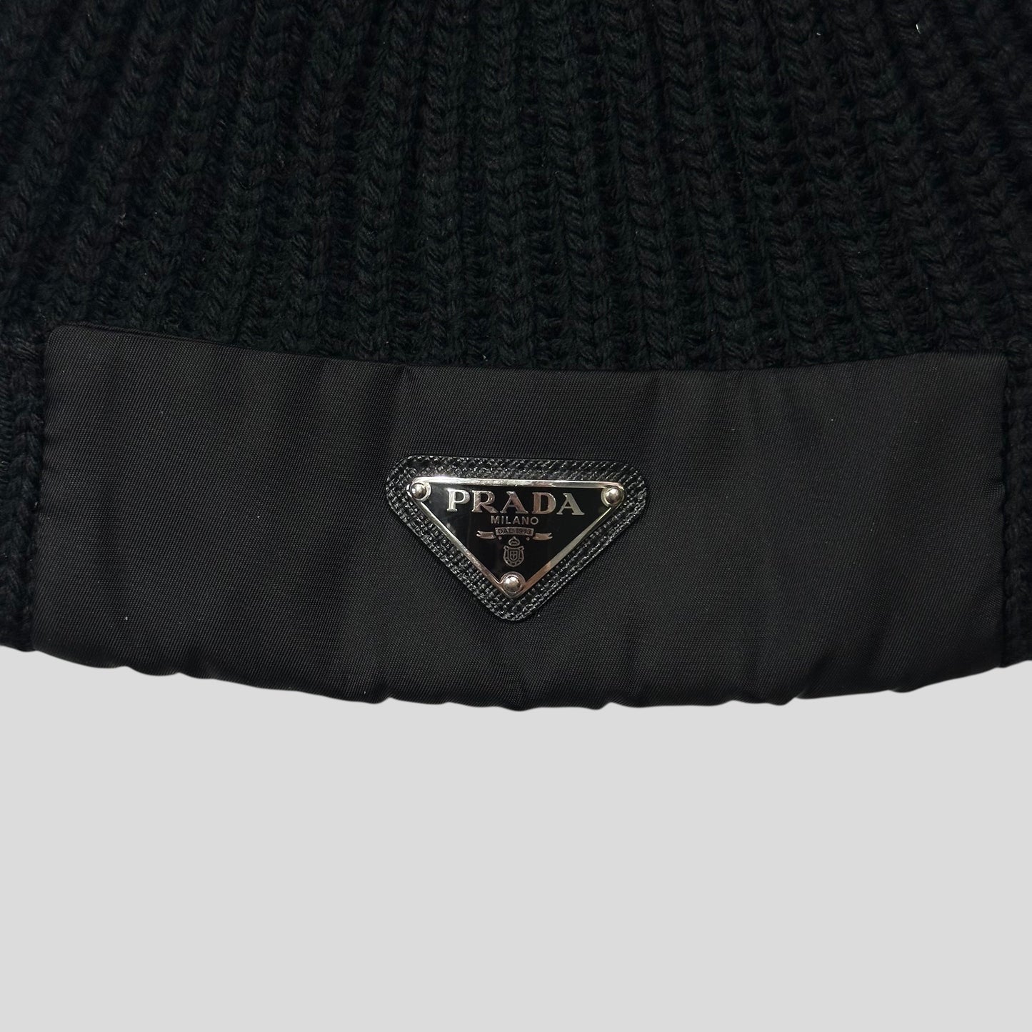 Prada 2020 Braided Virgin Wool + Re-nylon Plaque Logo Beanie - M