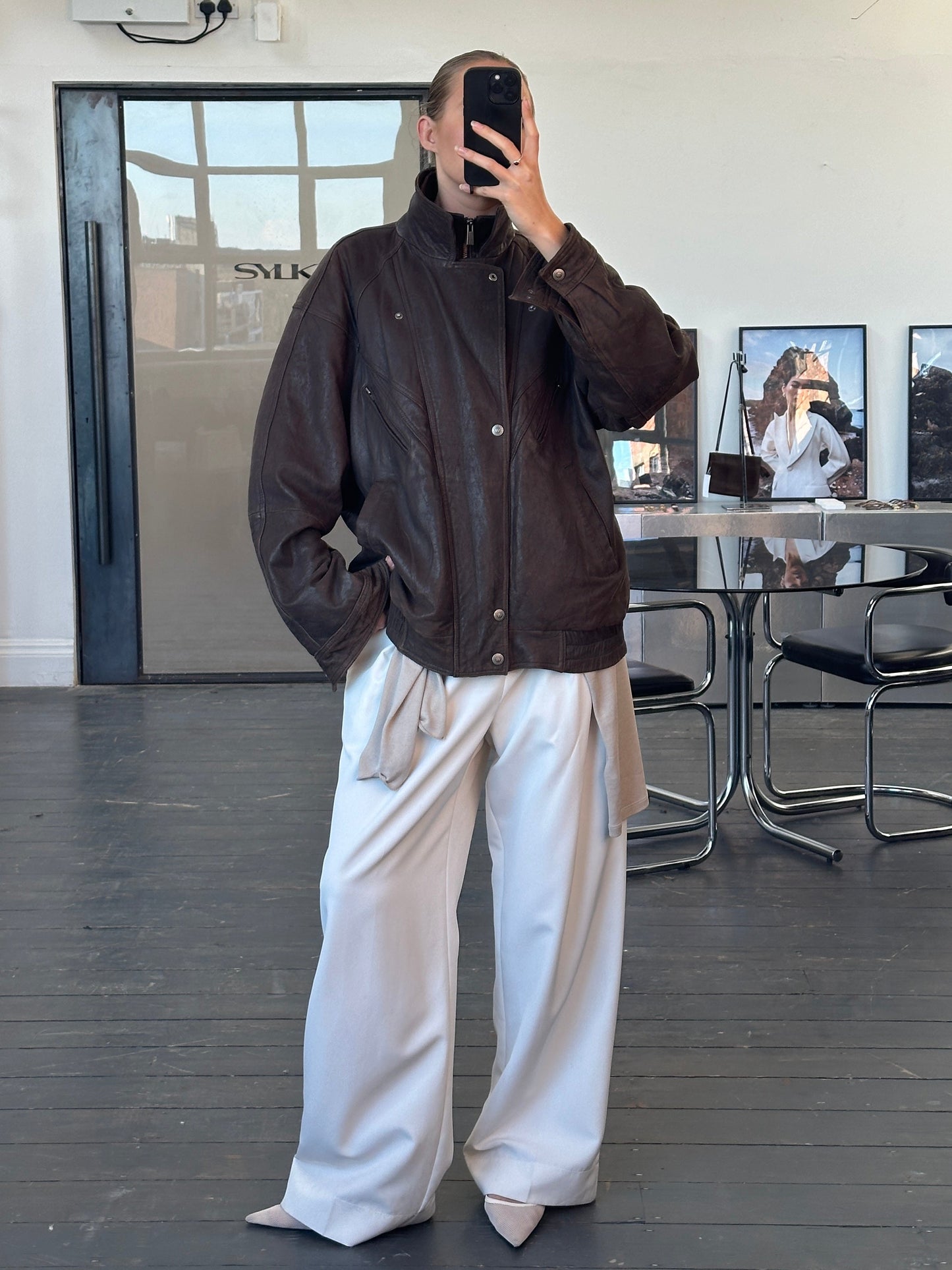 Vintage 1990s High Neck Bomber Leather Jacket - XL