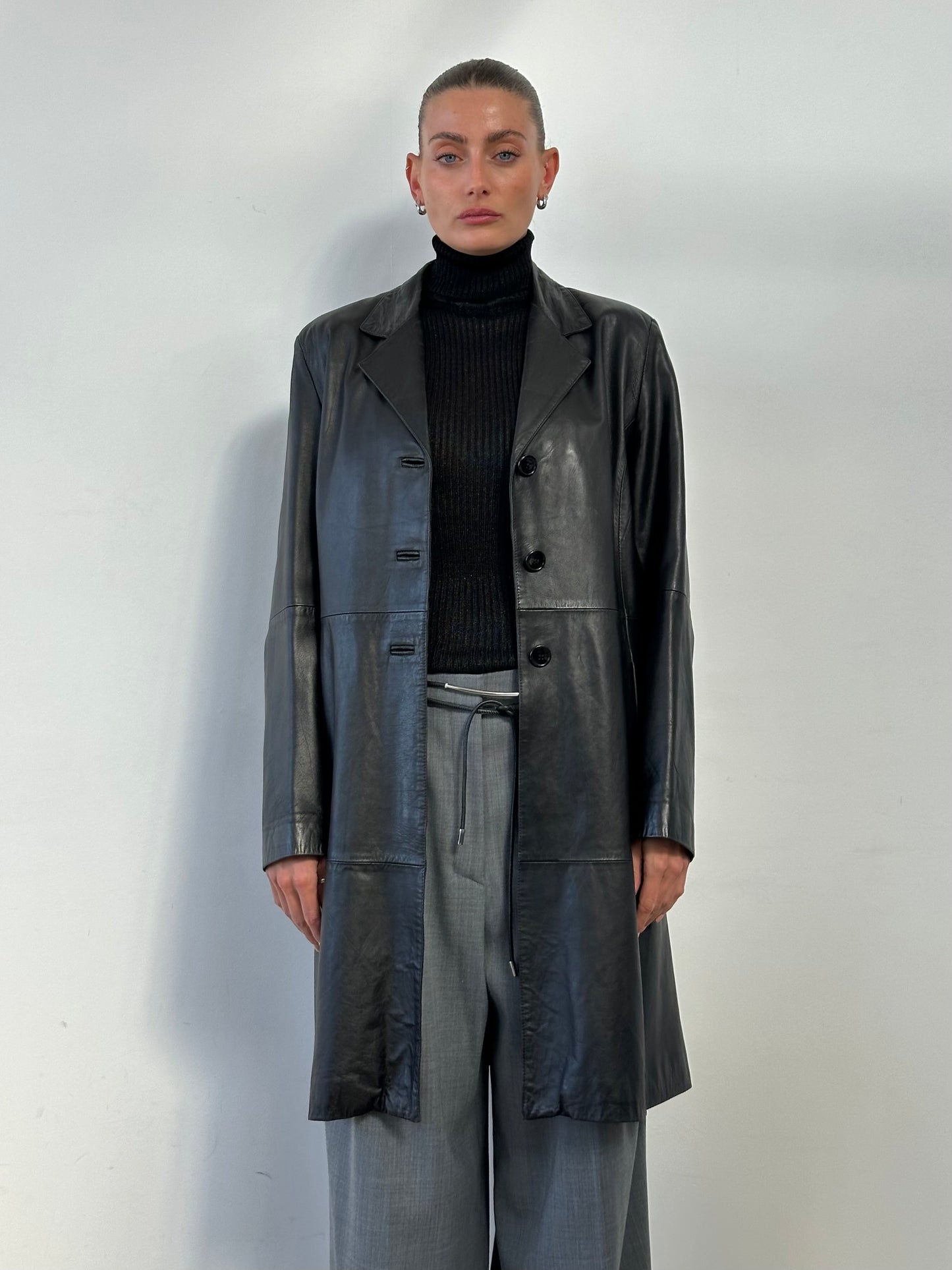 Italian Vintage Smooth Leather Trench Coat - M