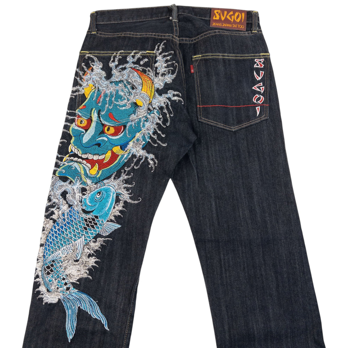 Vintage 2000s Sugoi Embroidered Mask & Koi Fish Japanese Denim Jeans Size W31 | W31, Navy