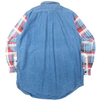 Vintage 90s Polo Ralph Lauren Checkered Sleeve Q Zip Denim Shirt Size XL | XL, Blue