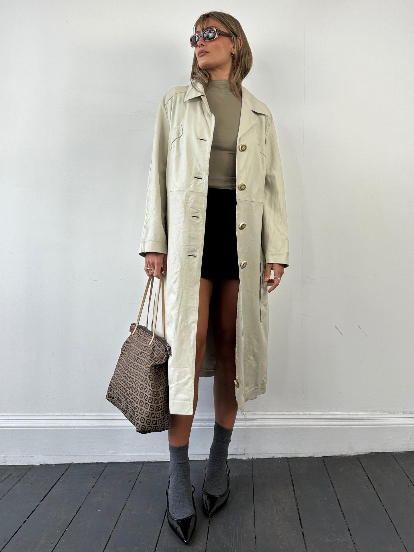 Vintage Belted Leather Trench Coat - M - Known Source