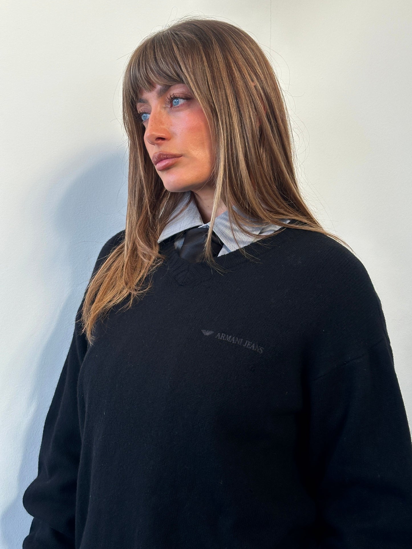 Armani Jeans 1990s Wool V Neck Knitted Logo Jumper - L/XL