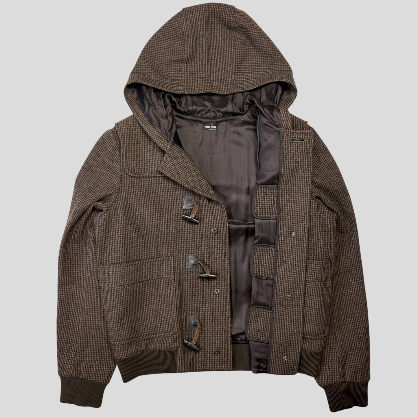 Miu Miu 00’s Herringbone Wool Cropped Duffle Toggle Jacket - IT52 | O/S, Charcoal Brown