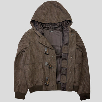 Miu Miu 00’s Herringbone Wool Cropped Duffle Toggle Jacket - IT52 | O/S, Charcoal Brown