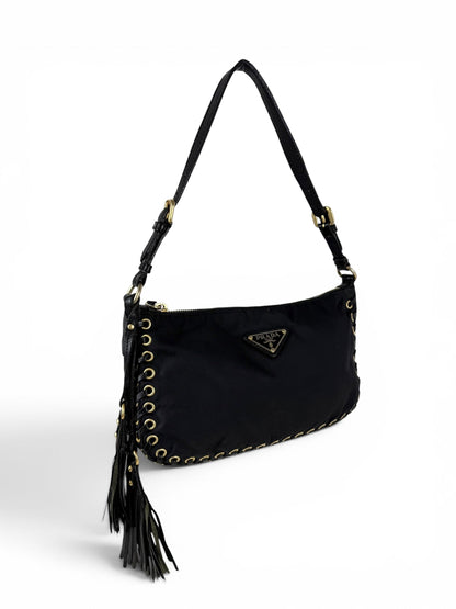2000s RARE Prada Nylon Grommet Stitch Shoulder Bag | O/S, Black