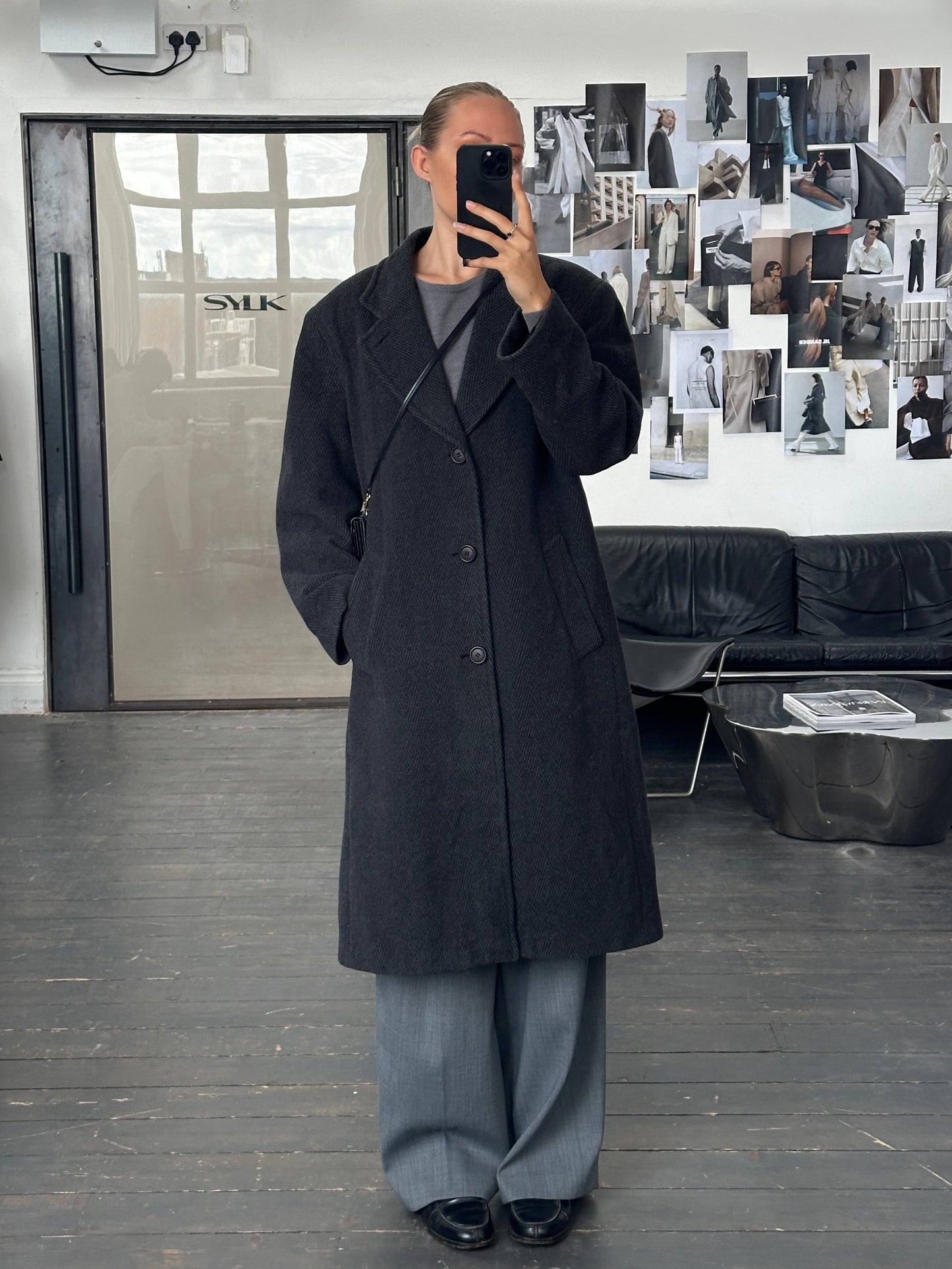 Italian Vintage 1980s Wool Cashmere Herringbone Coat - XL