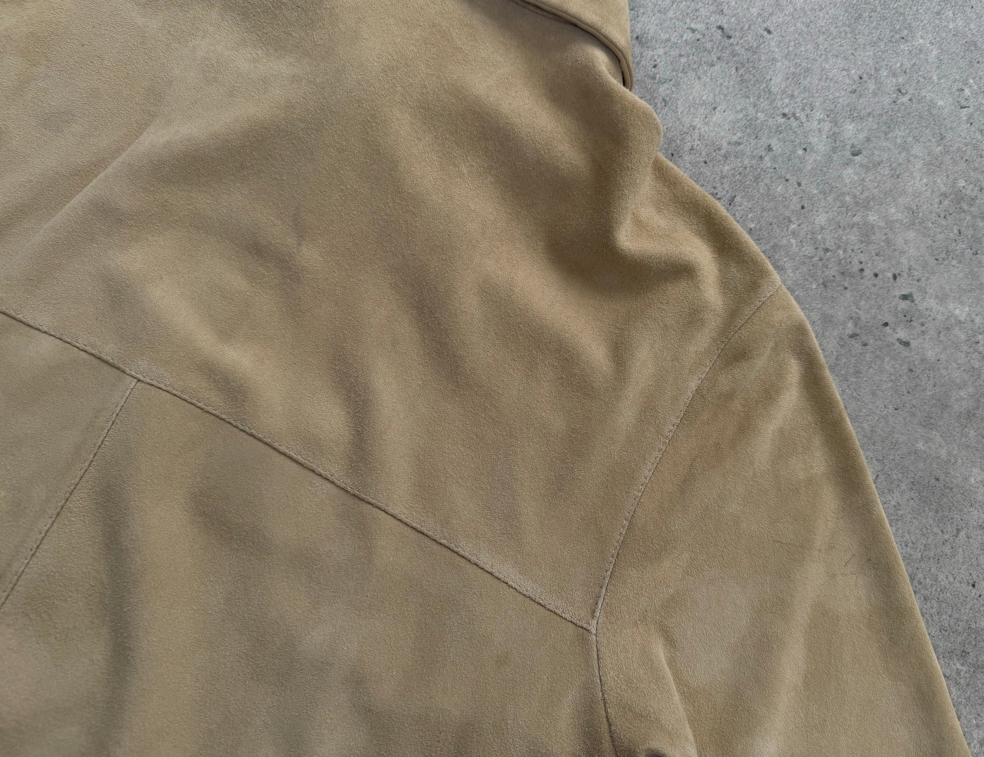 Marella 1990s suede minimal shirt in size M, featuring a sleek design, soft suede fabric, and classic collar detail.