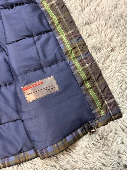 Prada Sport 2011 Shadow Plaid Raccoon Fur Nylon Puffer Gilet - M | O/S, Red