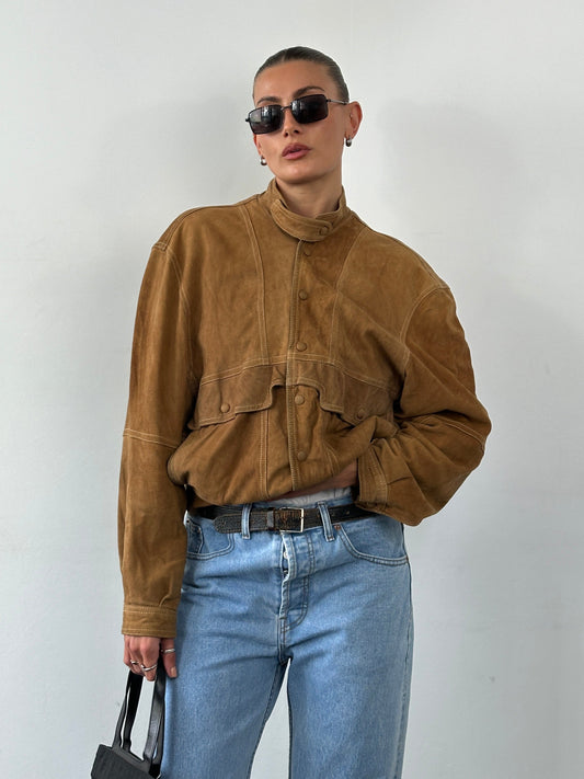 Vintage High Neck Suede Bomber Jacket - M