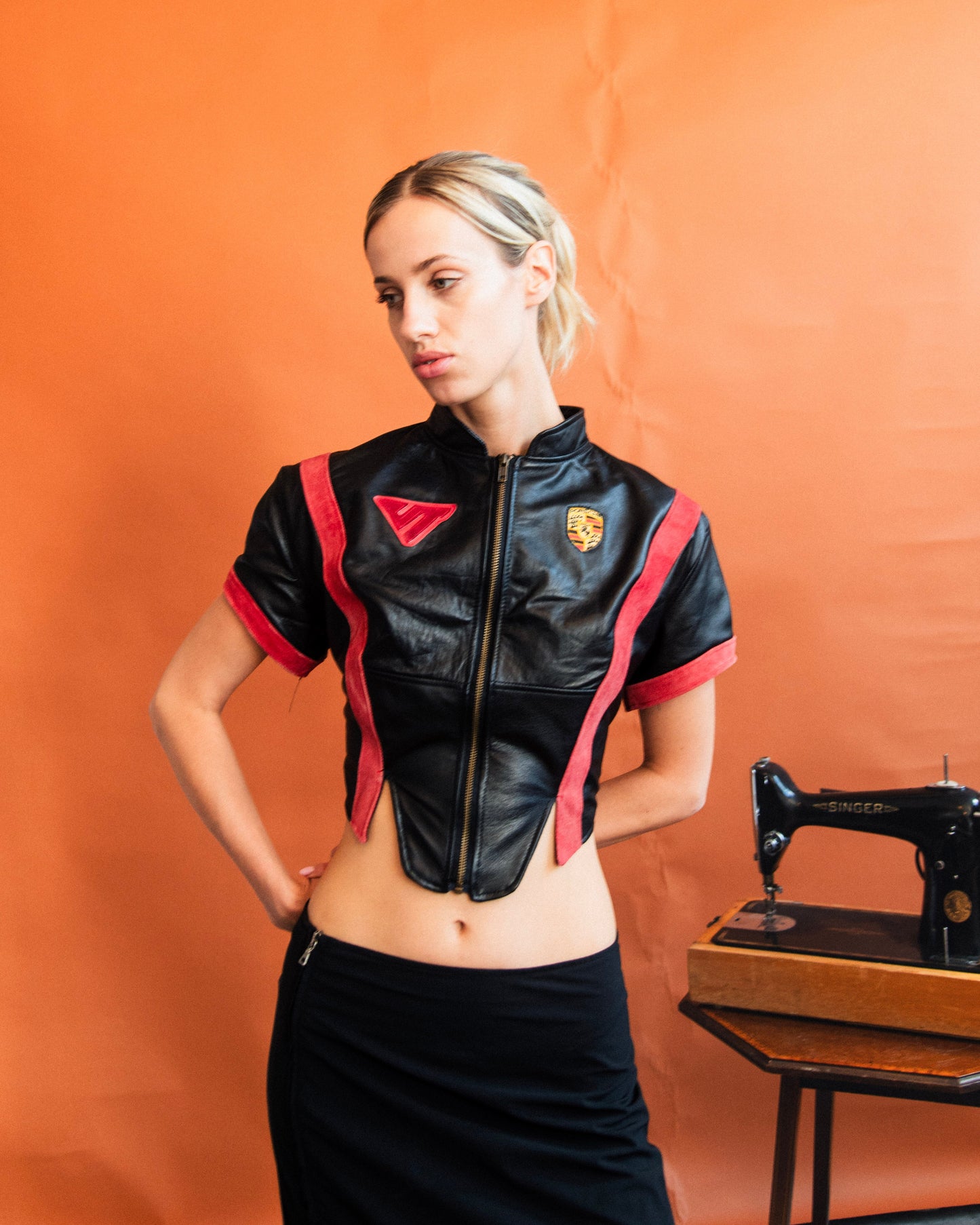 VT Rework : Porshe Cropped Leather Shirt Jacket | Small, Multicoloured