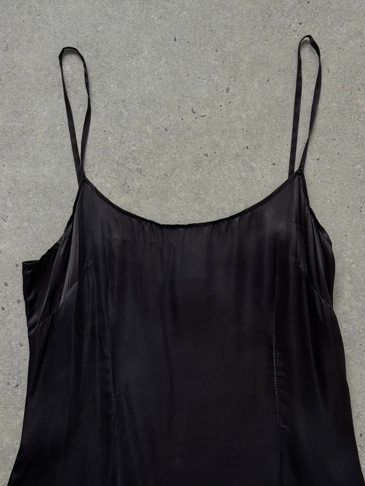 Moschino 1990s Cheap & Chic satin maxi dress in black, featuring a flowing silhouette and elegant design, size S/M.