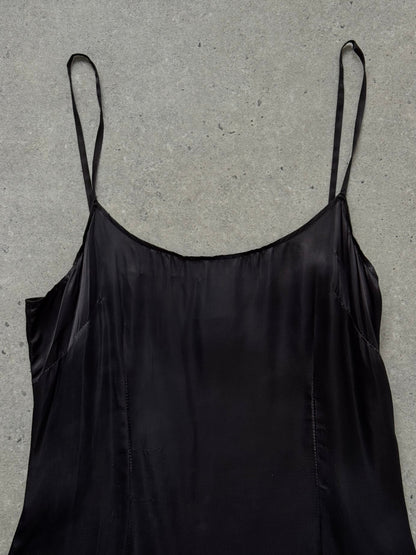 Moschino 1990s Cheap & Chic satin maxi dress in black, featuring a flowing silhouette and elegant design, size S/M.