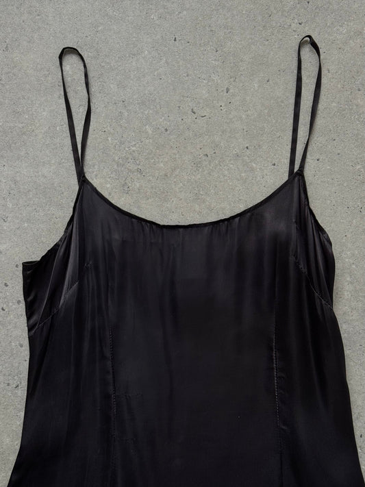 Moschino 1990s Cheap & Chic satin maxi dress in black, featuring a flowing silhouette and elegant design, size S/M.