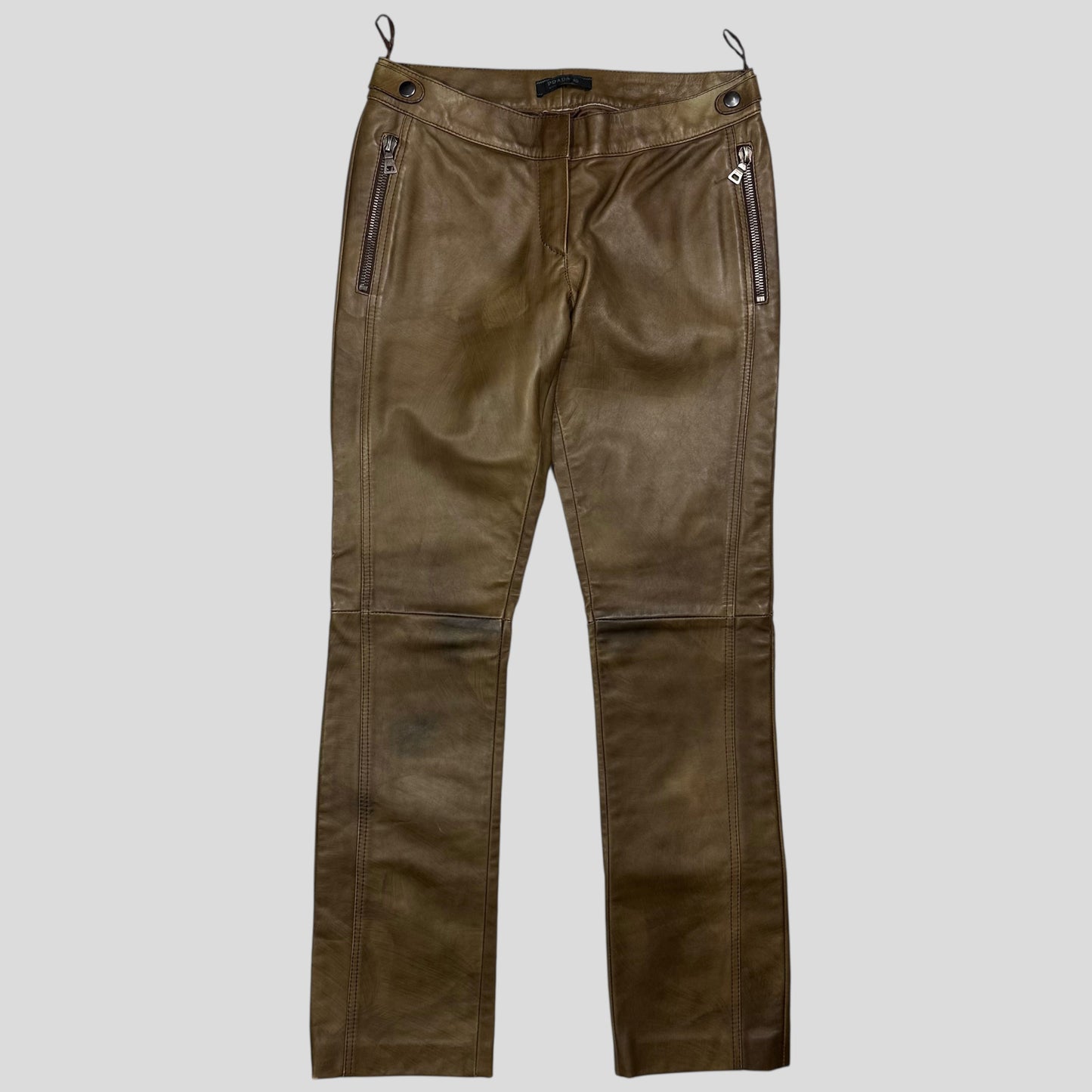 Prada Milano 00’s Khaki Brown Leather Moto Trousers - IT40